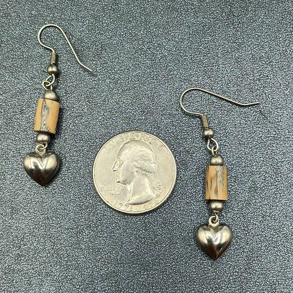 Pierced Earrings Silver tone Heart Acrylic Beaded Dangle 1 1/4"