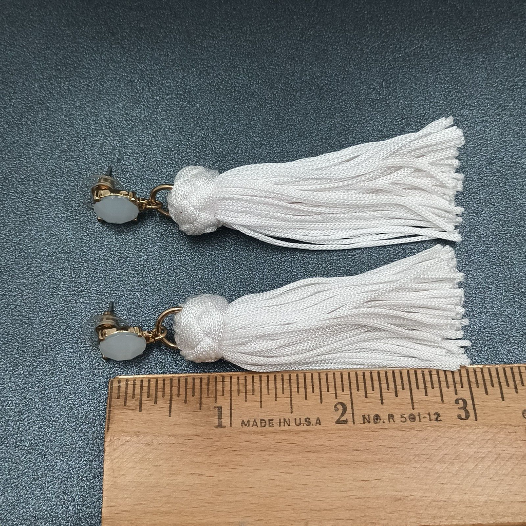Pierced Earrings white Tassel Gold tone Faceted Glass Statement Dangle 3 1/4"