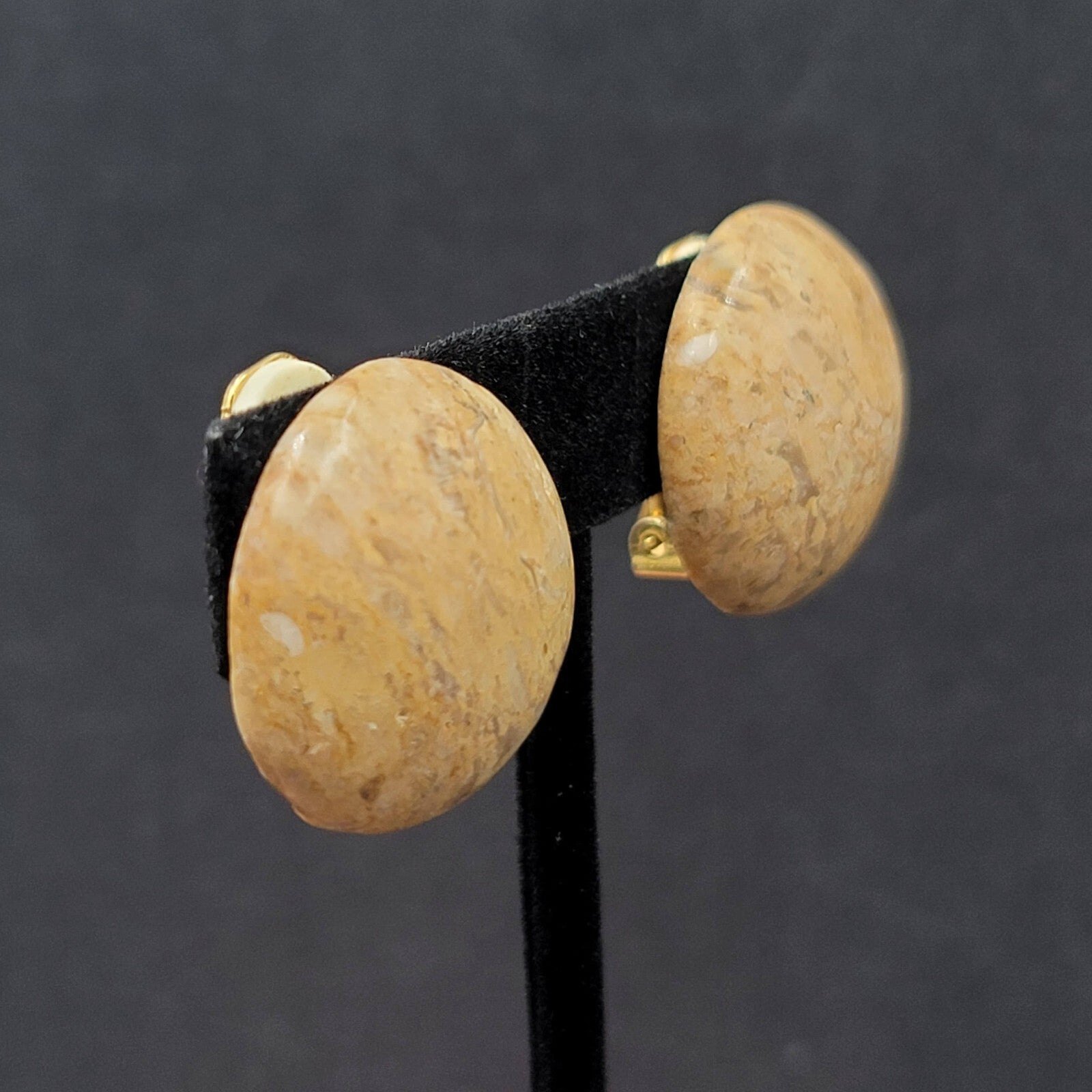 Vintage Clip on Earrings Agate Stone Dome Round 1"