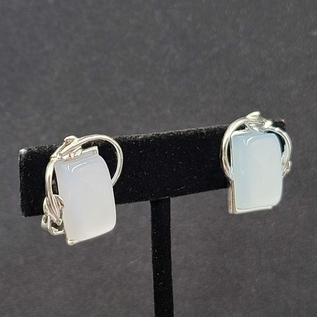 Vintage Clip on Earrings Silver tone Blue Lucite Thermoset Rectangle 7/8"