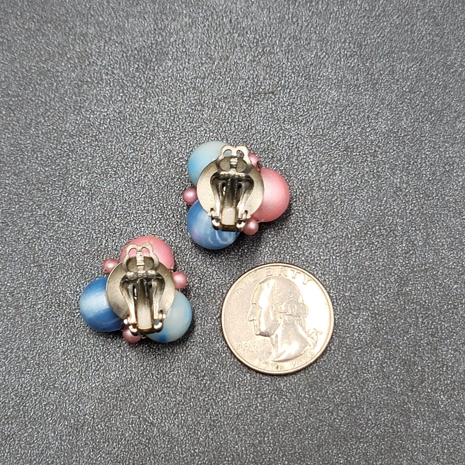 Vintage Clip on Earrings Pink Blue Cluster Beaded Japan 7/8"
