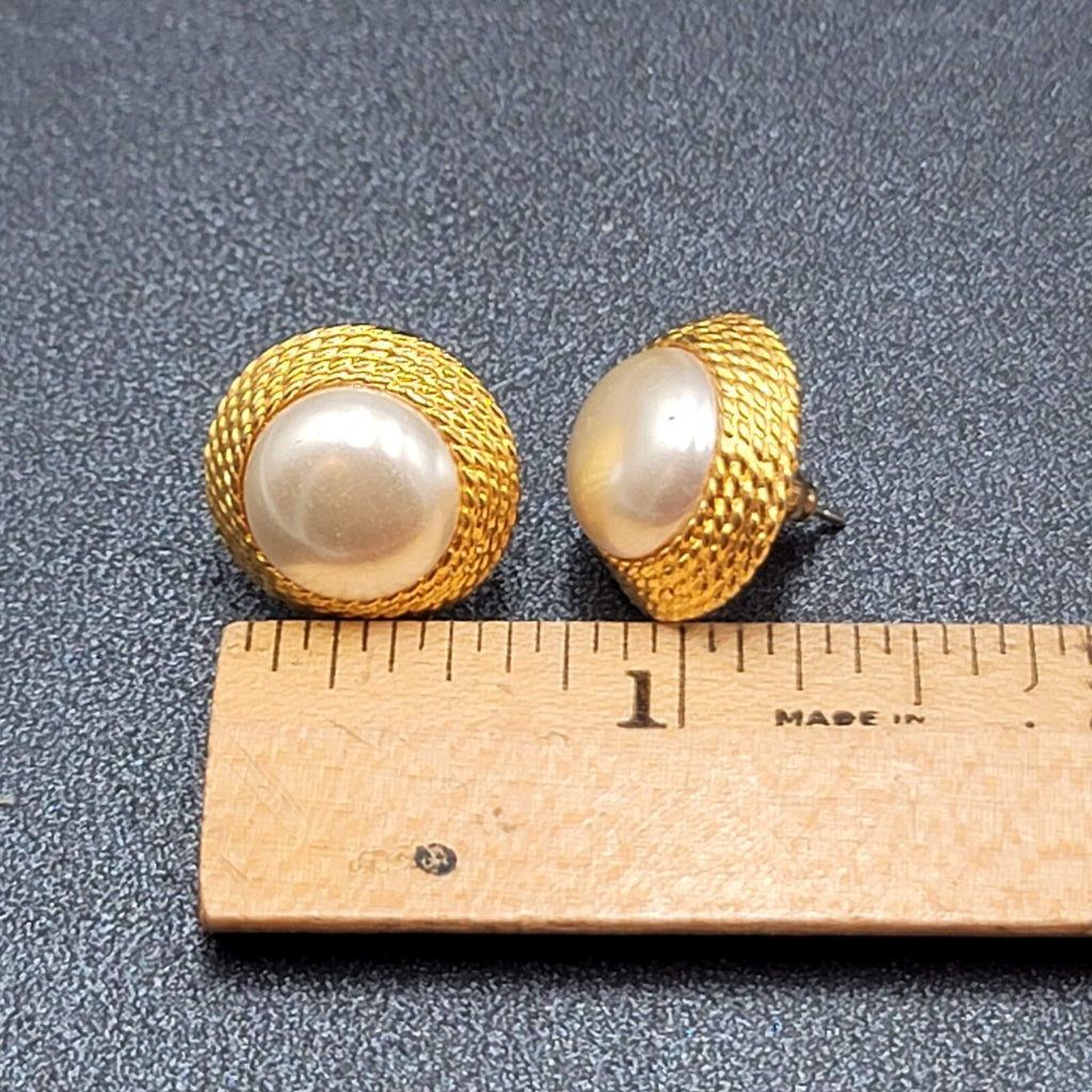 Vintage Pierced Earrings Gold Plated White Round Cabochon Studs 5/8"