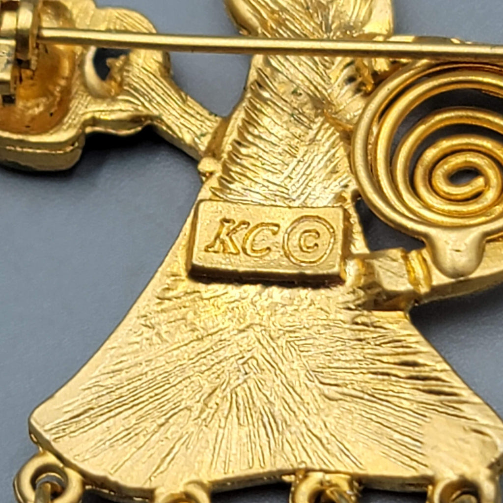 Vintage KC Garden Angel Brooch Gold tone Enamel Flower Rhinestones 1.75 in