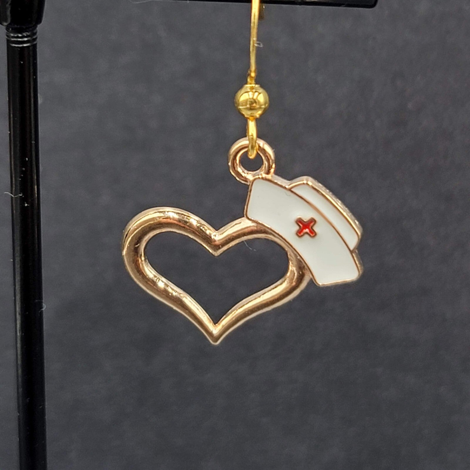 Nurse Heart Pierced Earrings Red White Enamel Gold tone Dangle 3/4"