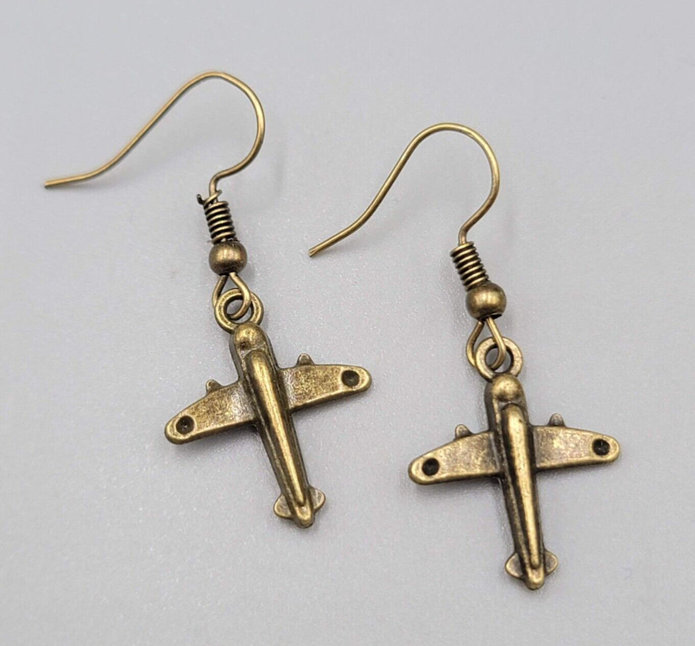 Airplane Pierced Earrings Bronze tone Dangle NEW 3/4"