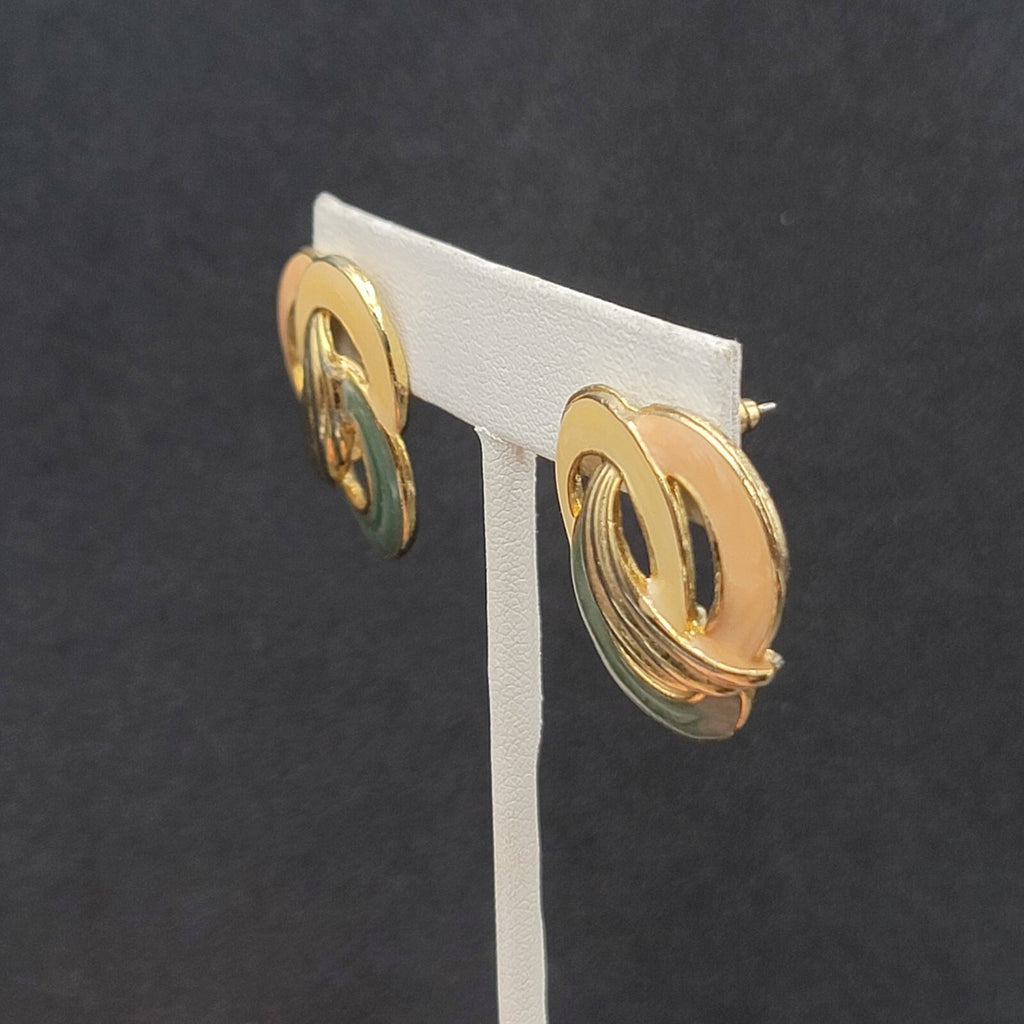 Vintage Pierced Earrings Tan Pink Green Swirl Enamel Gold tone Drop 1 1/8"