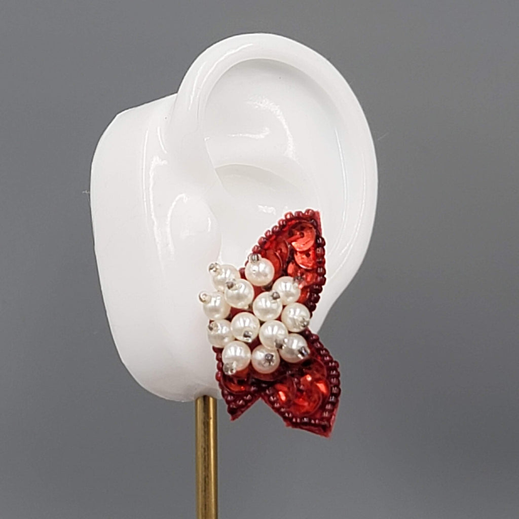 Vintage Red Sequin Statement Pierced Earrings White Bead Drop 1.5"