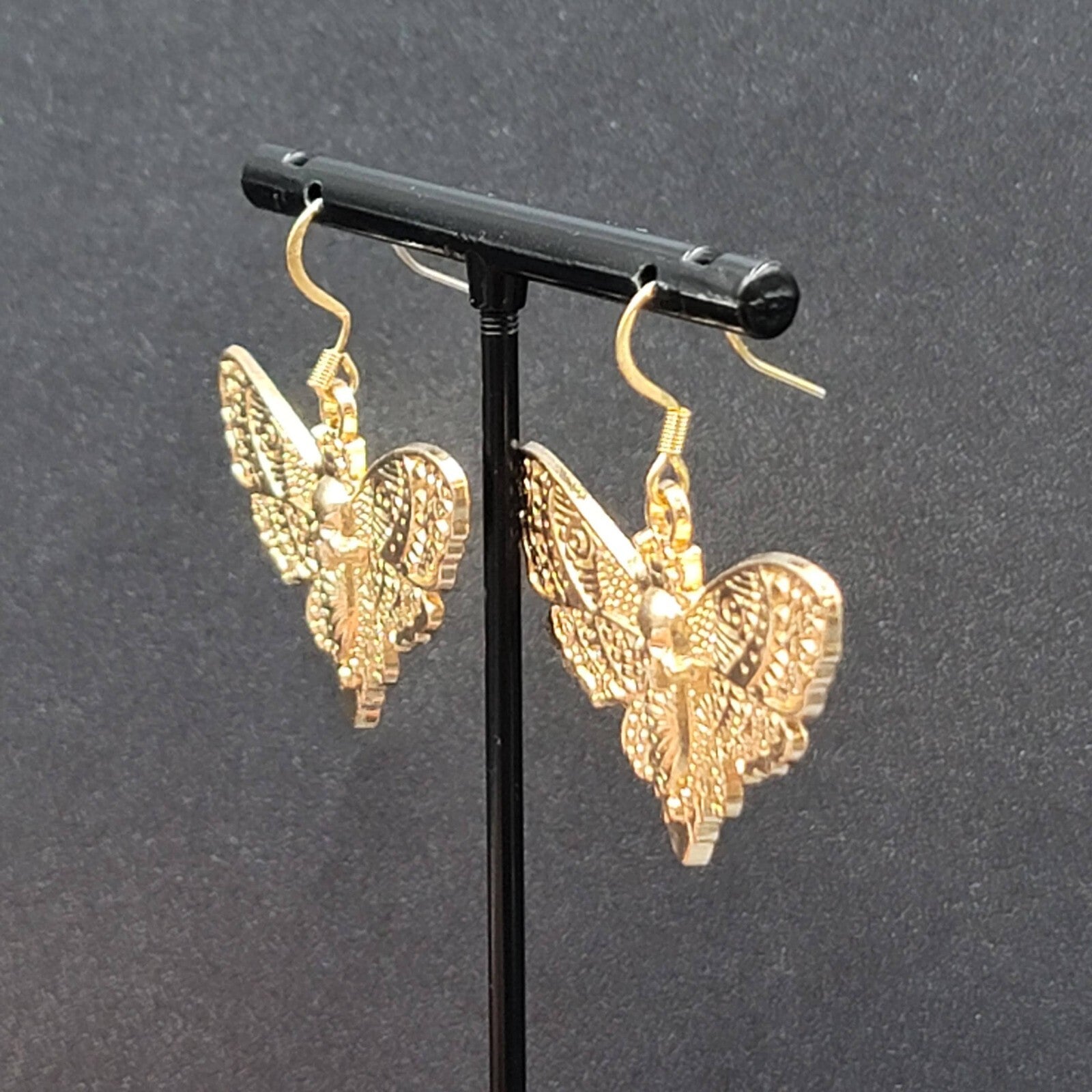 Death Head Moth Pierced Earrings Gold tone Dangle 1" x 1 5/8" 