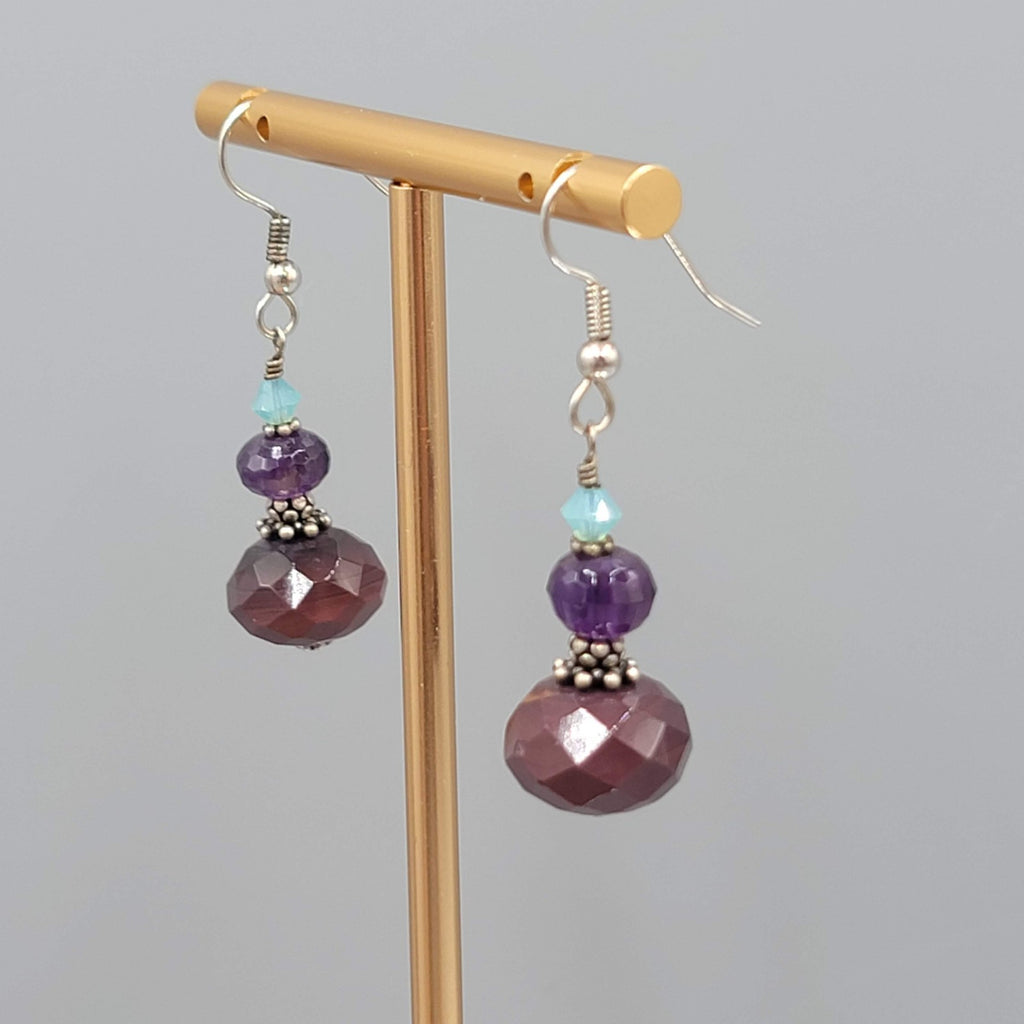 Crystal Amethyst Agate Bead Pierced Earrings Silver tone Dangle 1 in