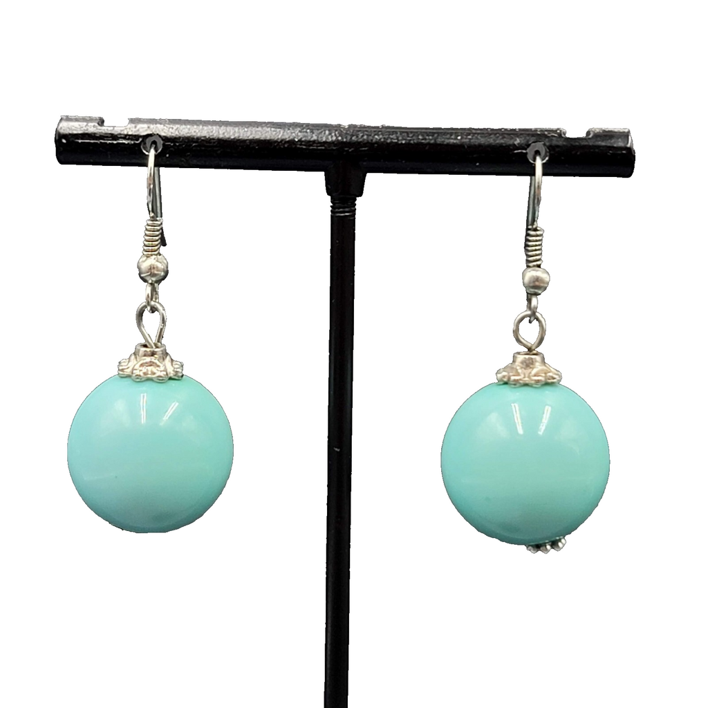 Pierced Earrings Silver tone Baby Blue Round Bead Dangle 1"