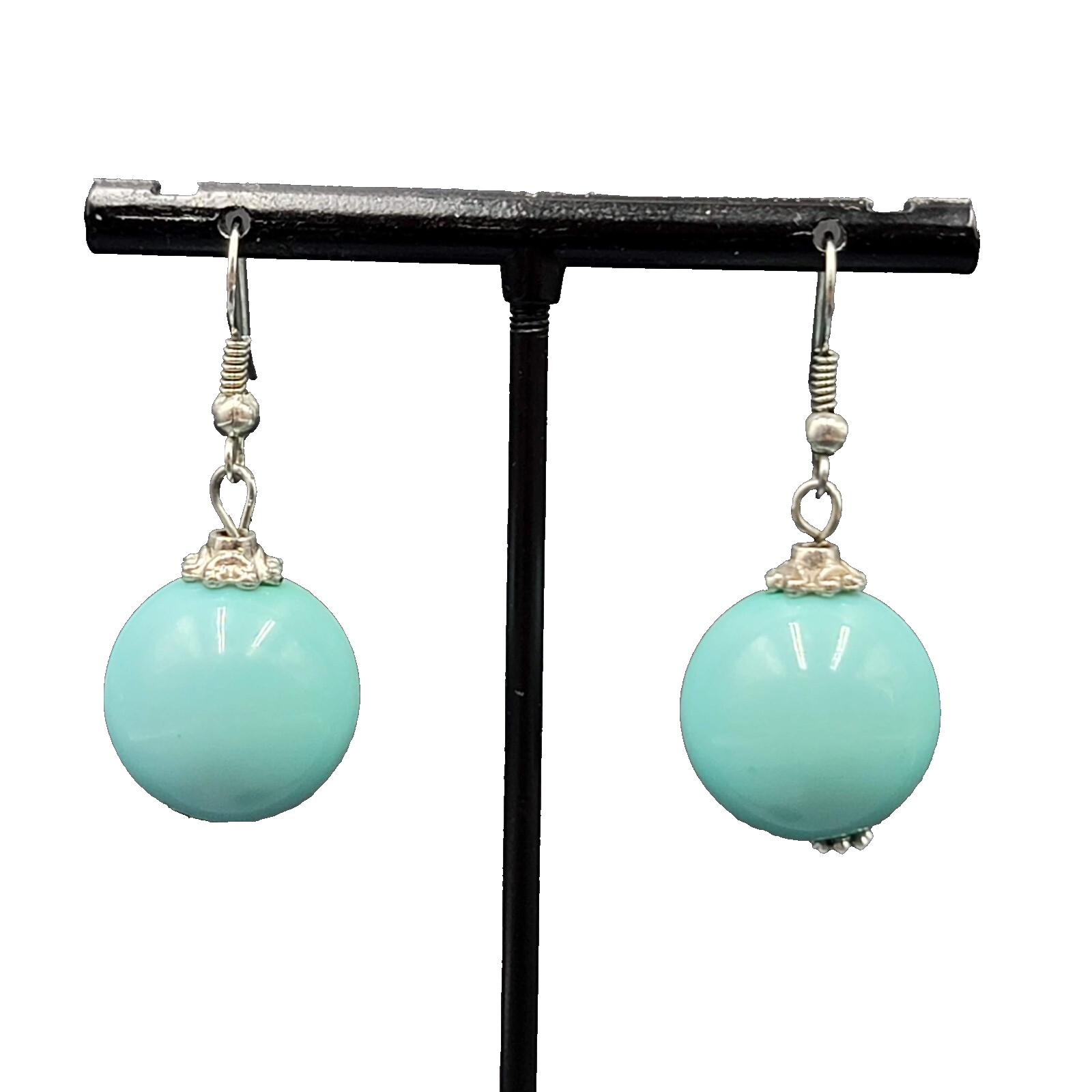 Pierced Earrings Silver tone Baby Blue Round Bead Dangle 1"