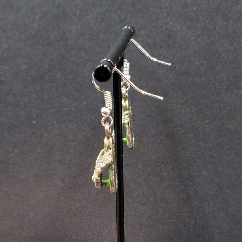 Pierced Earrings Green Enamel Flip Flop Rhinestone Dangle 1"