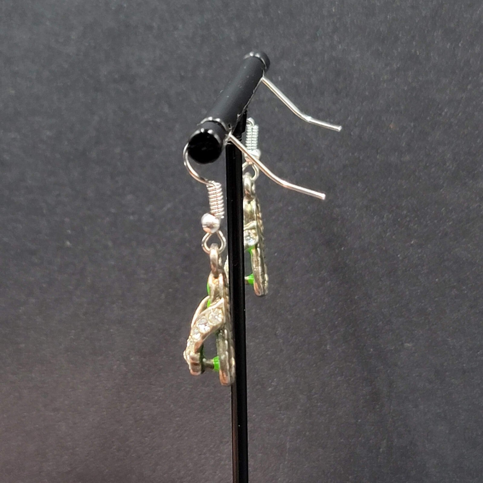 Pierced Earrings Green Enamel Flip Flop Rhinestone Dangle 1"