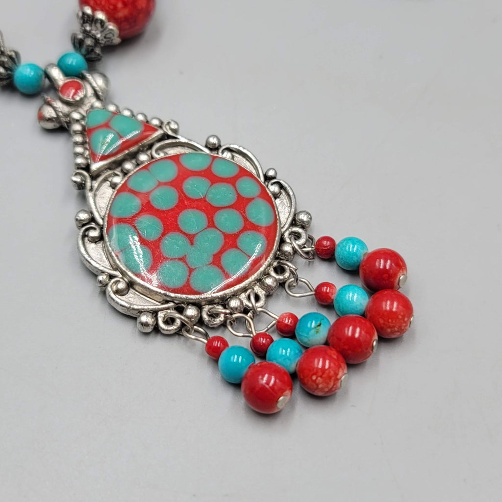 Statement Bead Necklace Red Yellow Blue Silver tone Unique Unusual 22"