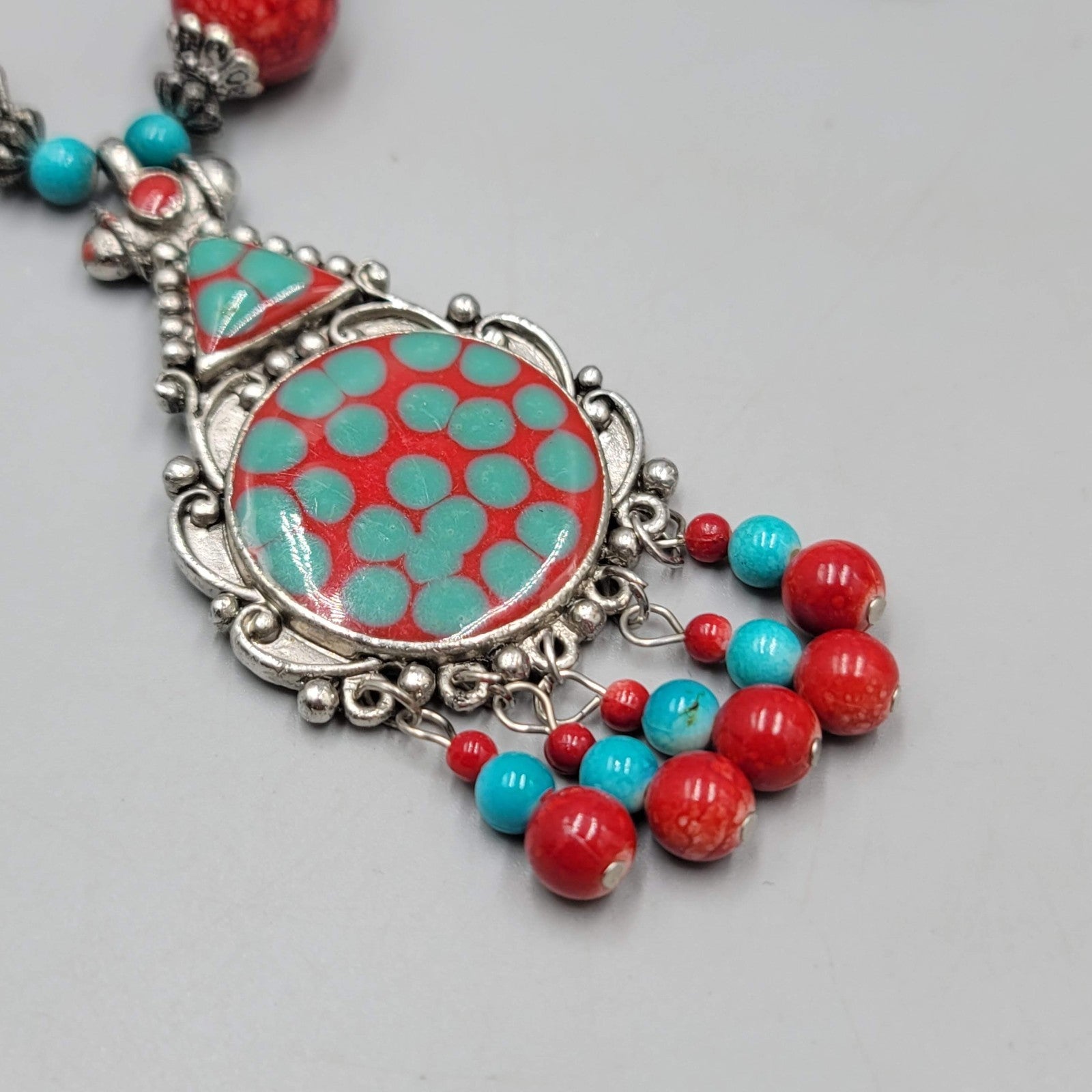 Statement Bead Necklace Red Yellow Blue Silver tone Unique Unusual 22"