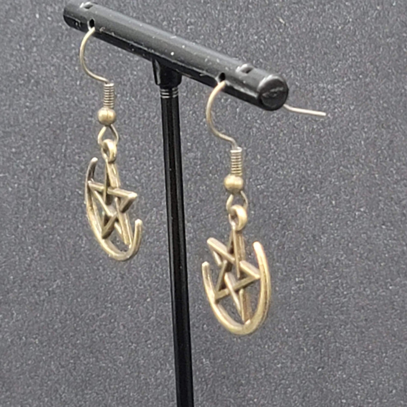 Pentagram Pierced Earrings Half Moon Star Bronze tone Dangle 3/4"