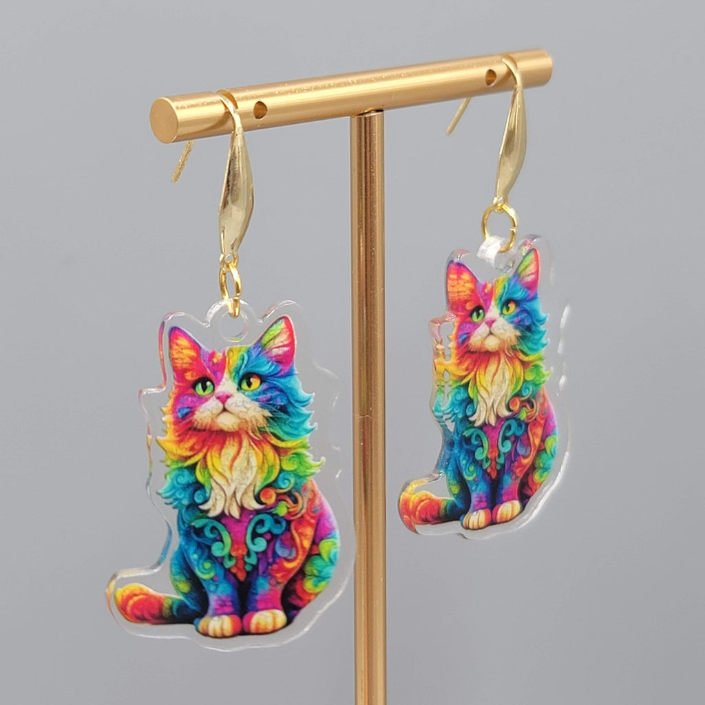 Rainbow Cat Pierced Earrings Multicolor  Acrylic Dangle Gold tone Hook 1.5"