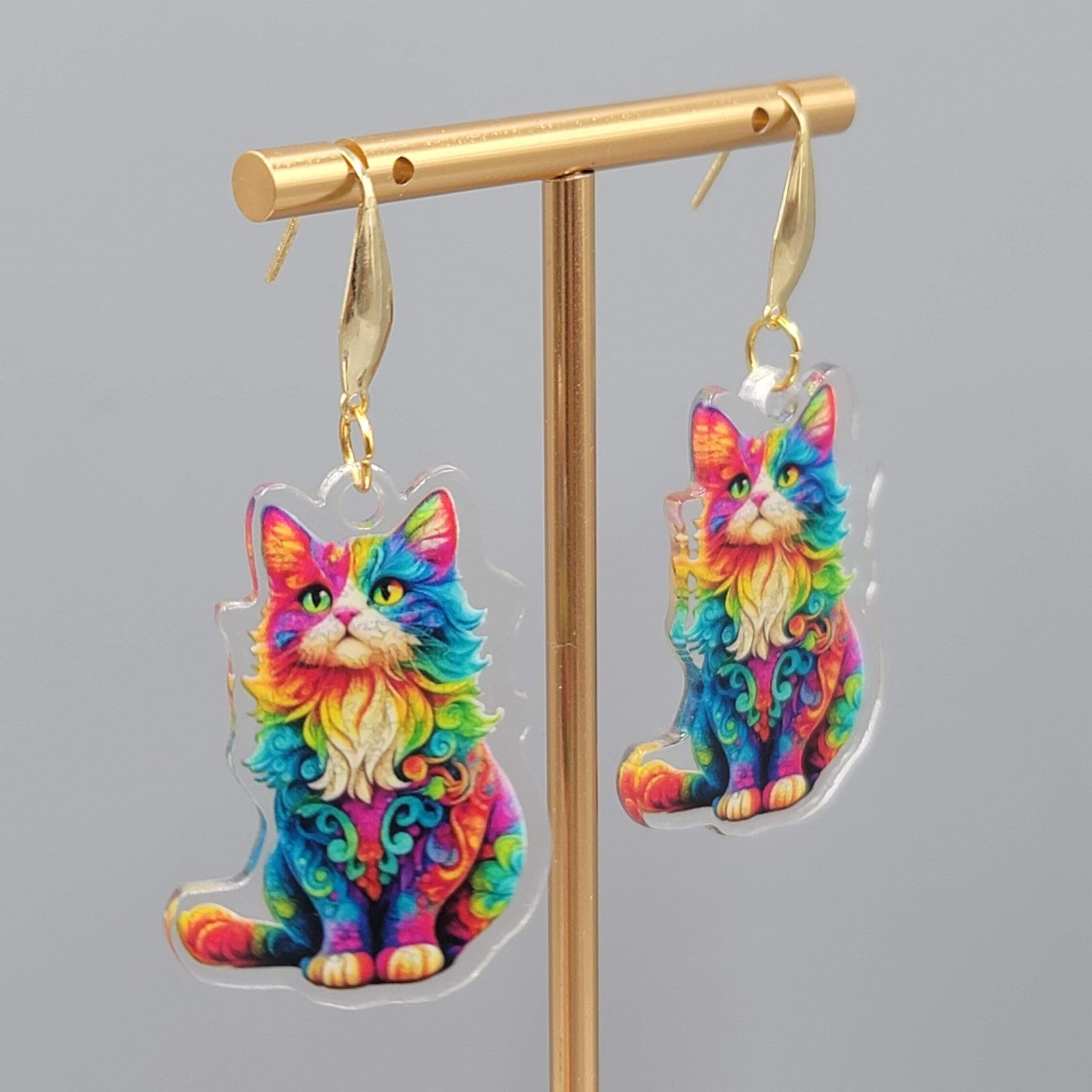 Rainbow Cat Pierced Earrings Multicolor  Acrylic Dangle Gold tone Hook 1.5"