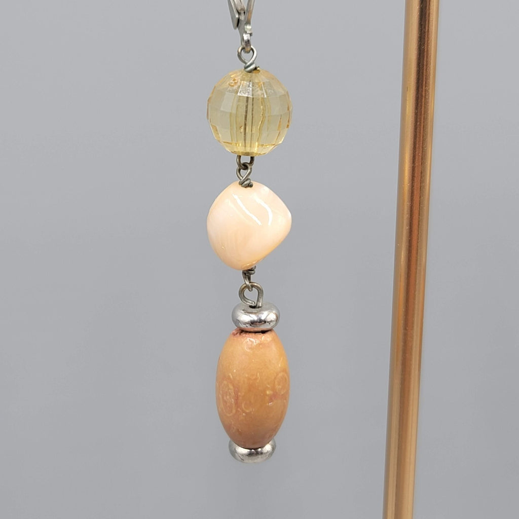 Shell and Wood Bead Pierced Earrings Silver tone Dangle 2 in