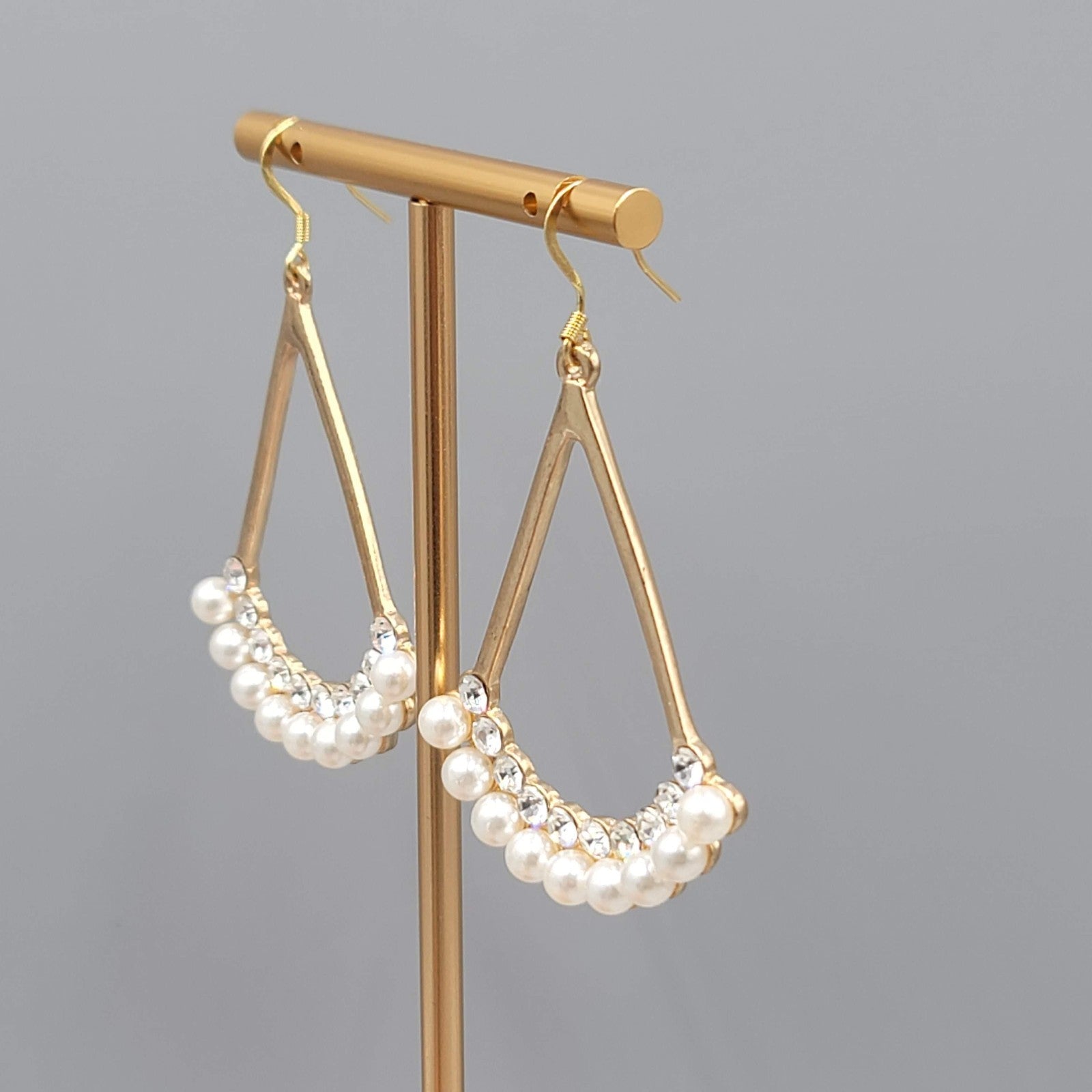 Open Triangle Faux Pearl Rhinestone Pierced Earrings Gold tone Dangle  2"