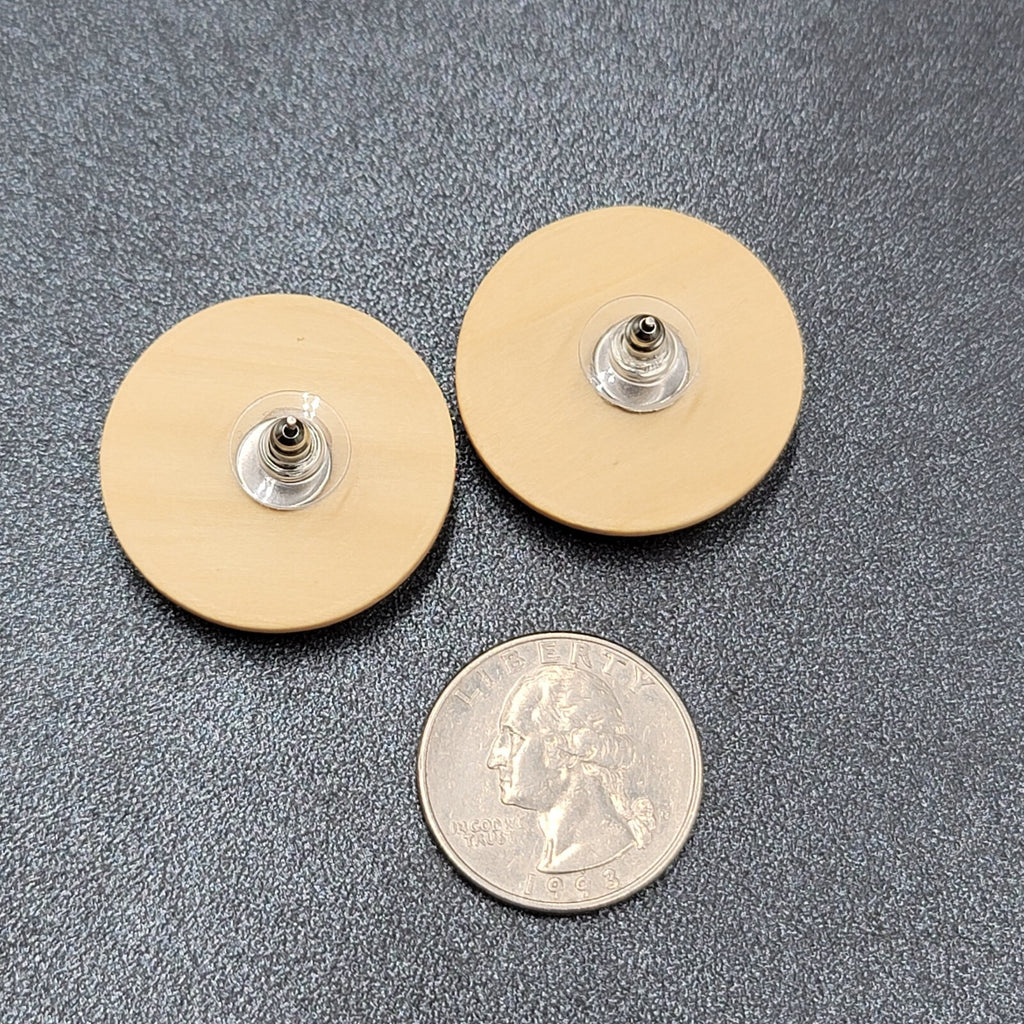 Vintage Pierced Earrings Light Tan Real Wood Round Drop 1 1/8"