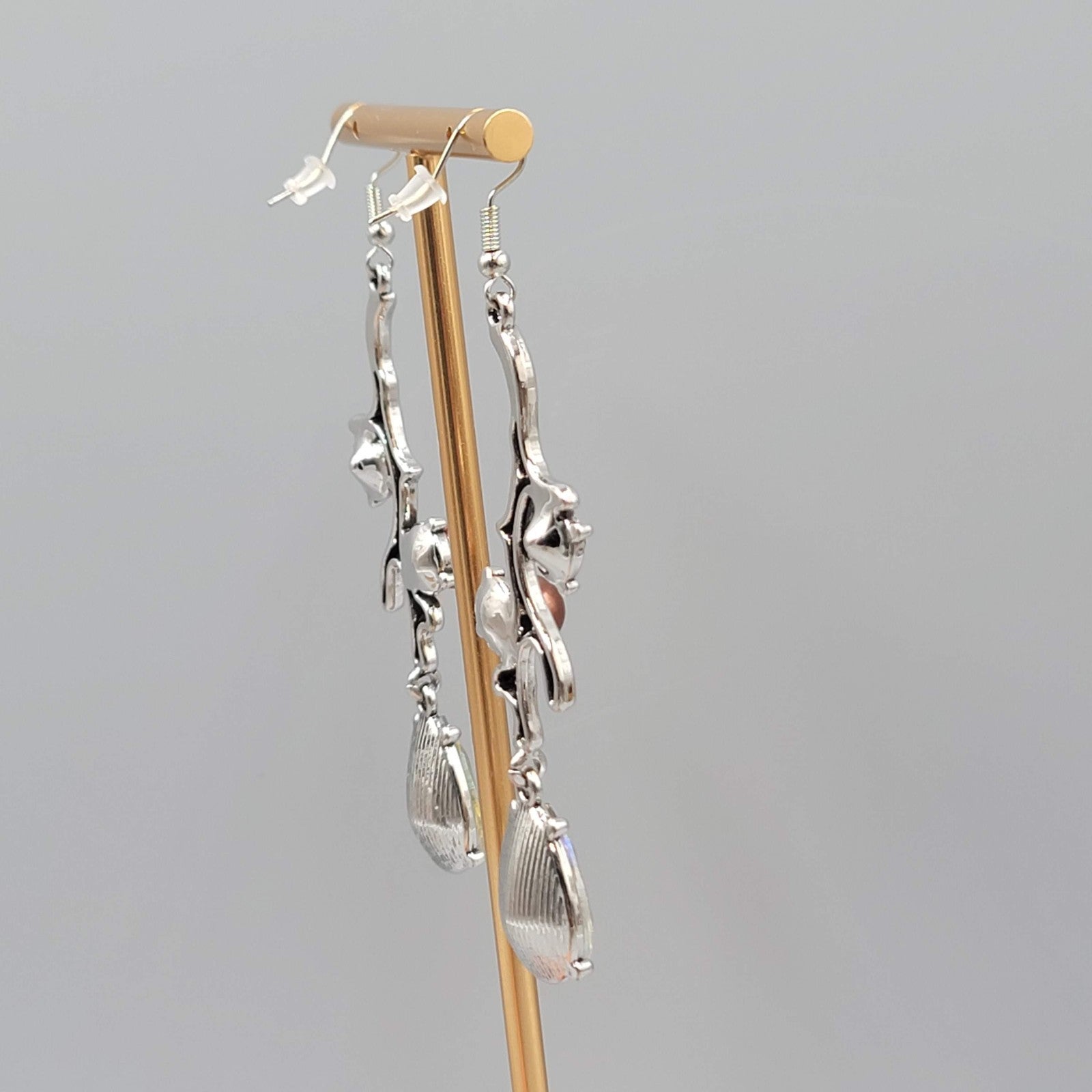 Multicolor Crystal Rhinestones Pierced Earrings Silver tone Dangle Long 2.75 in