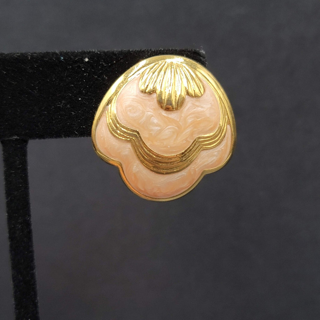 Vintage Pierced Earrings Gold Plated Peach Swirl Enamel Shell Design 1"