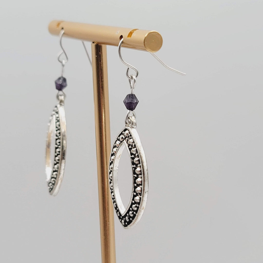 Oxidized Open Work Pierced Earrings Silver tone Dangle Purple Bead 1 1/8 in