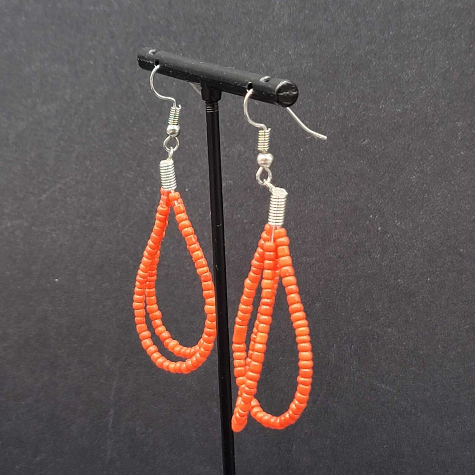 Pierced Earrings Red Seed Bead Double Teardrop Loops Dangle 2"