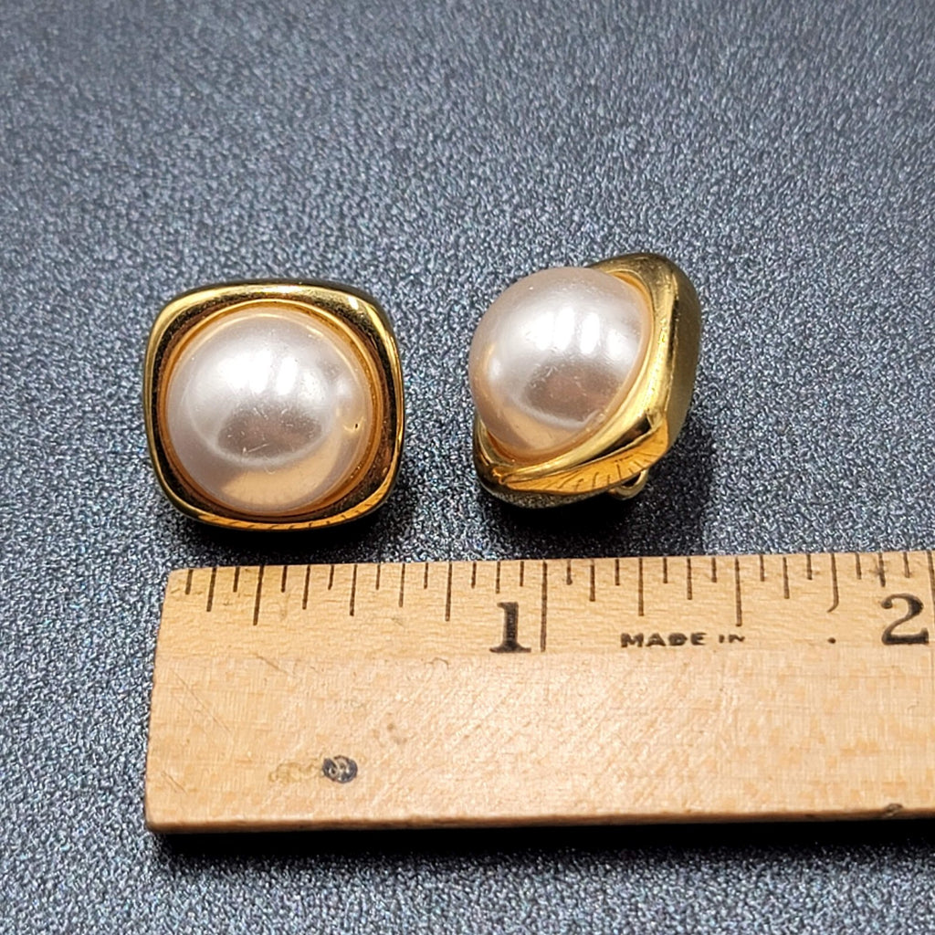 Vintage DP Clip on Earrings Gold tone White Imitation Pearl Studs 5/8"