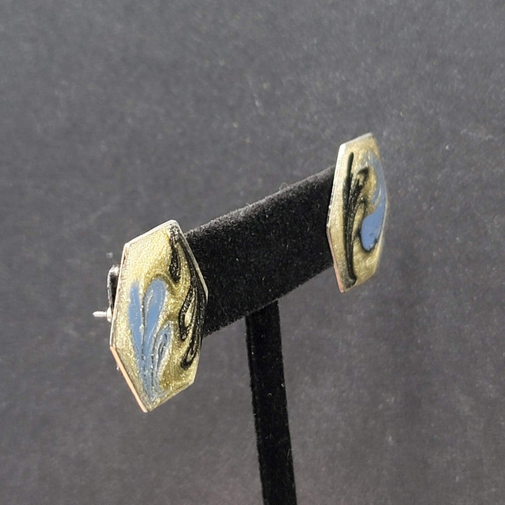 Vintage Pierced Earrings Blue Black Enamel Silver tone Drop 7/8"