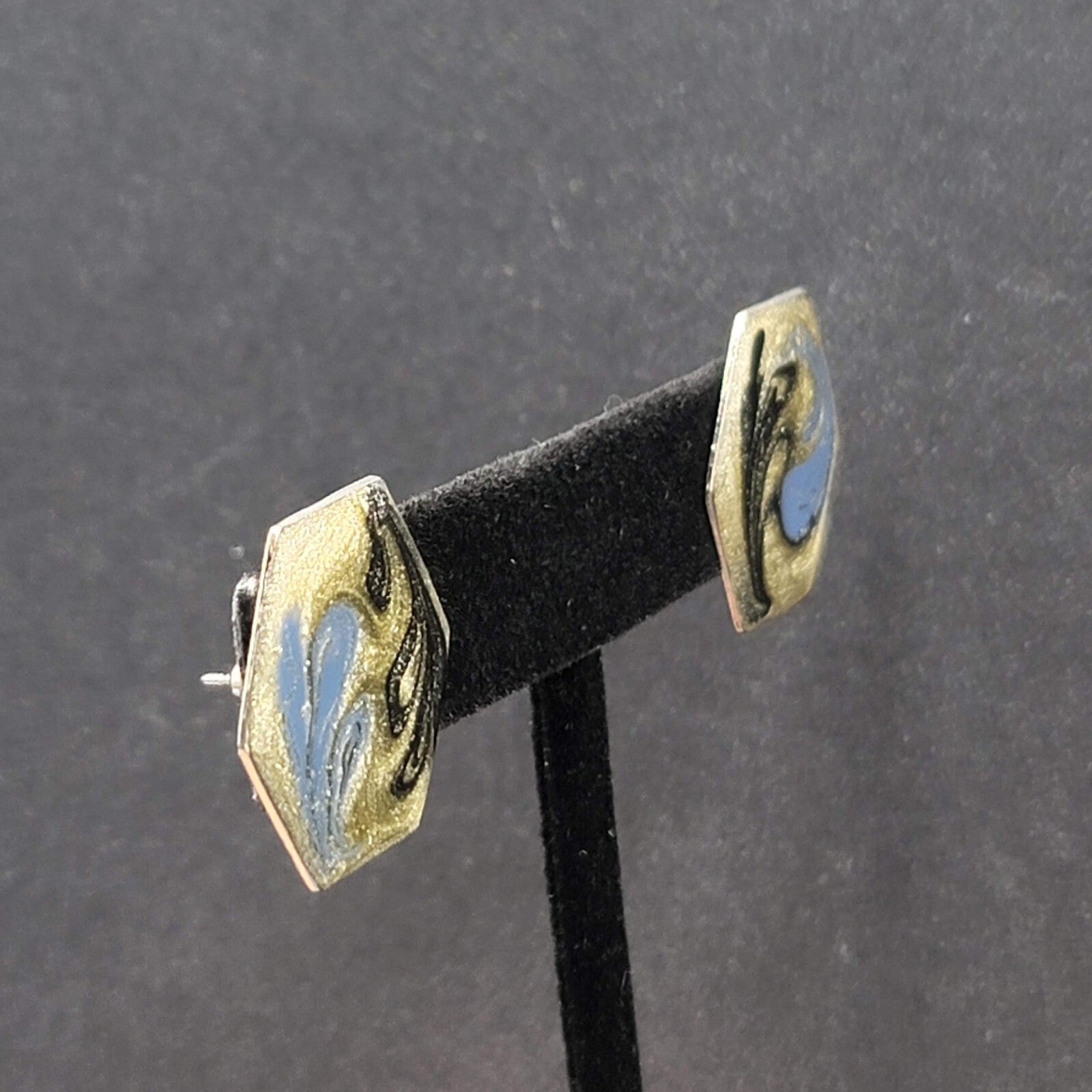Vintage Pierced Earrings Blue Black Enamel Silver tone Drop 7/8"
