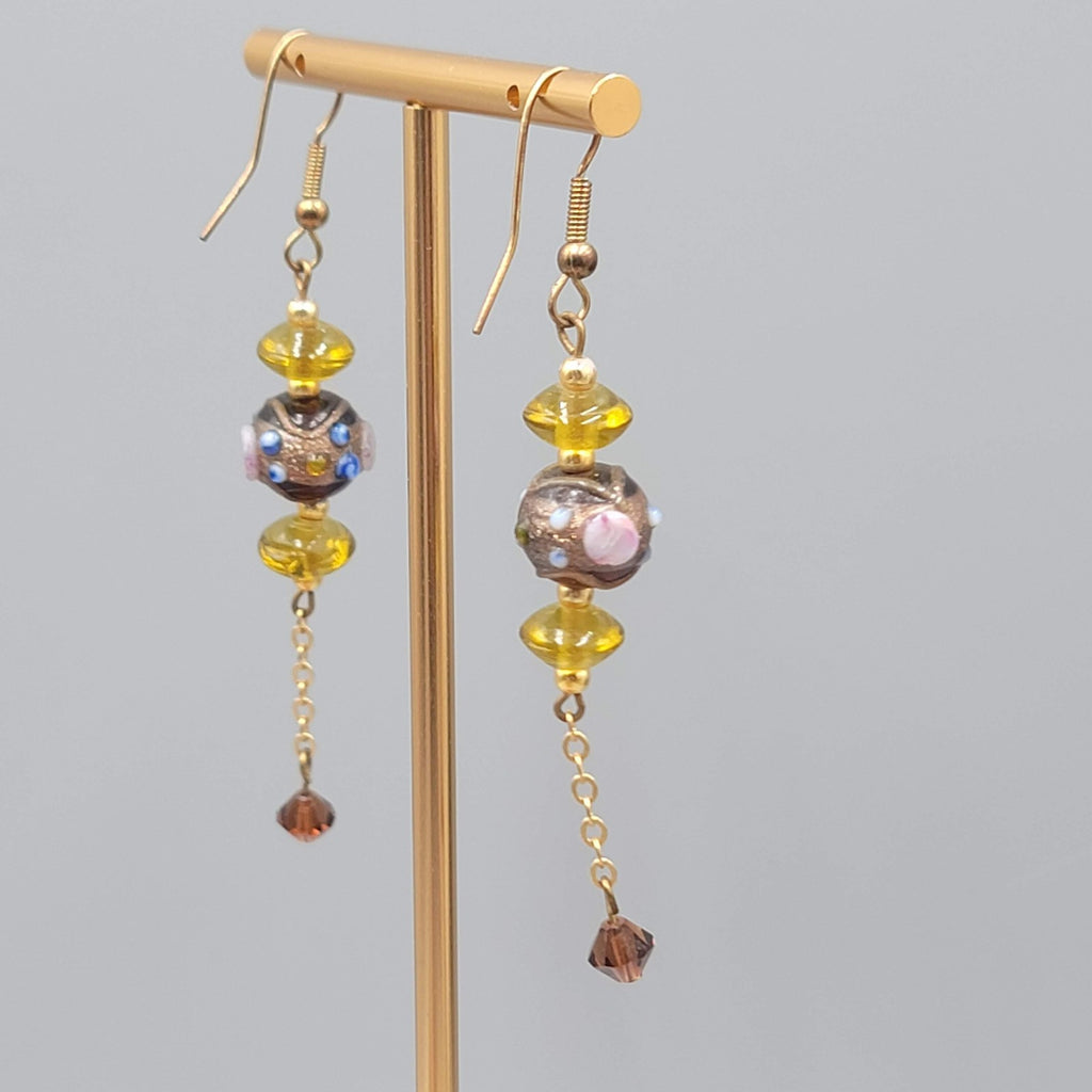 Vintage Art Glass Pierced Earrings Gold tone Dangle Boho Beaded 2.5"