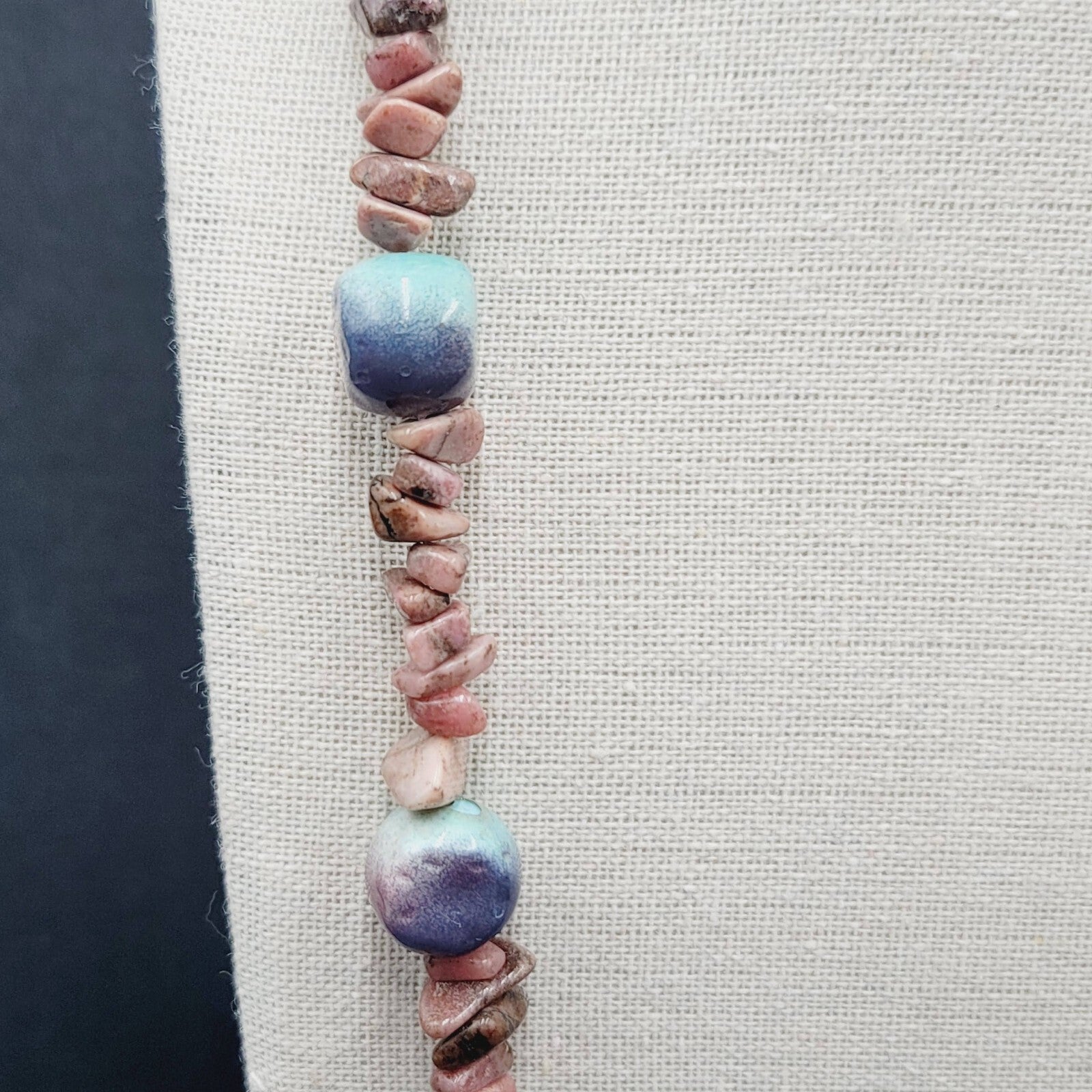 Pink Agate Stone and Pottery Art Bead Necklace 26" Barrel Clasp Artisan