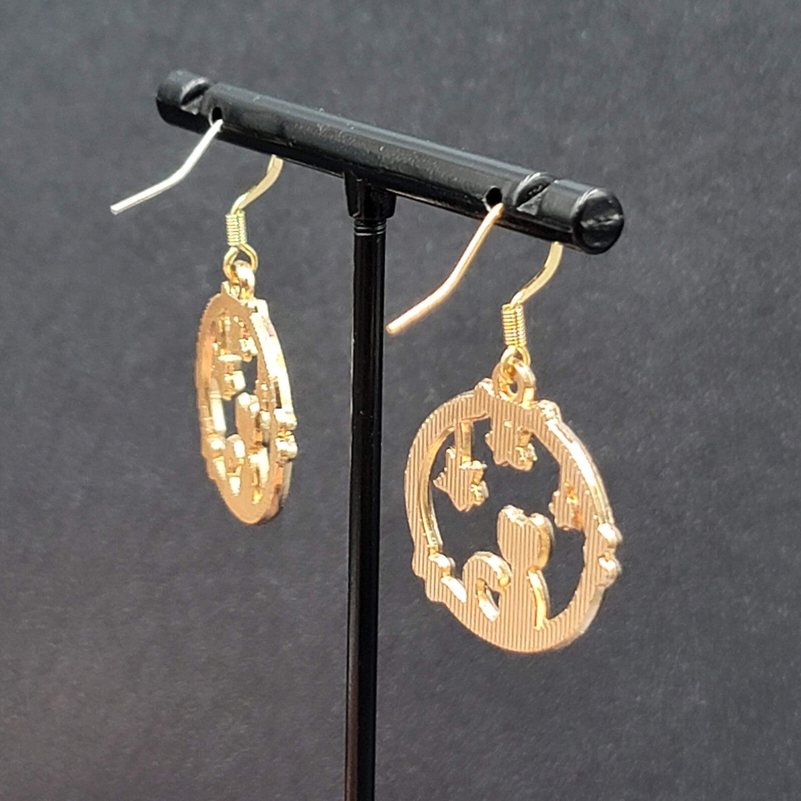New Cat Pierced Earrings Gold tone Green Stars Purple Enamel Dangle 7/8"