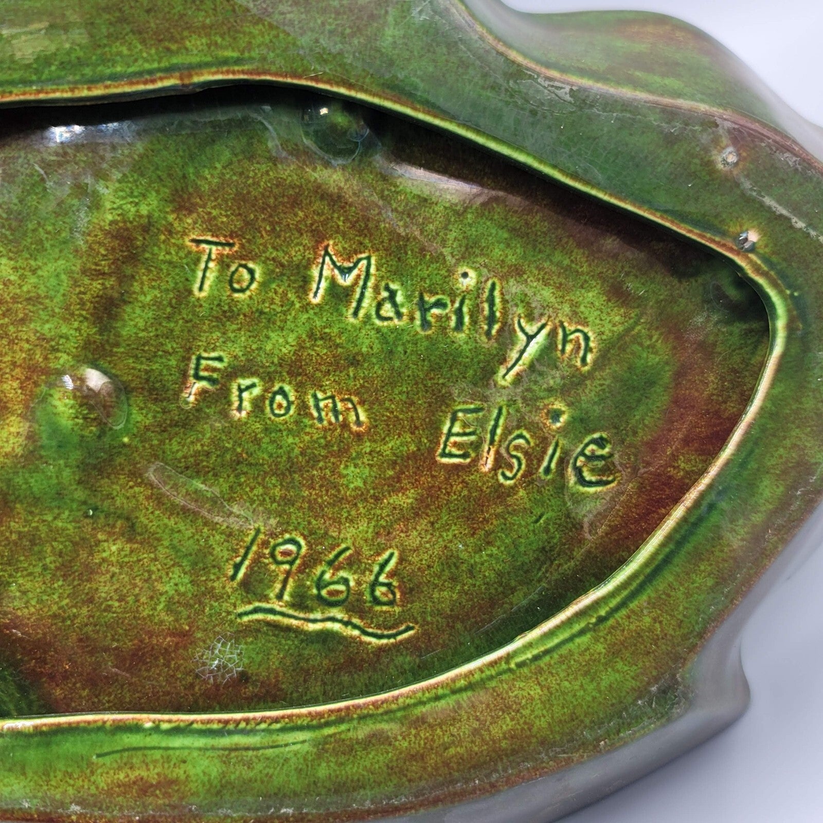 Vintage Ceramic Green Leaf Dish Drip Glaze Signed 1966 Size 13" x 6.5"
