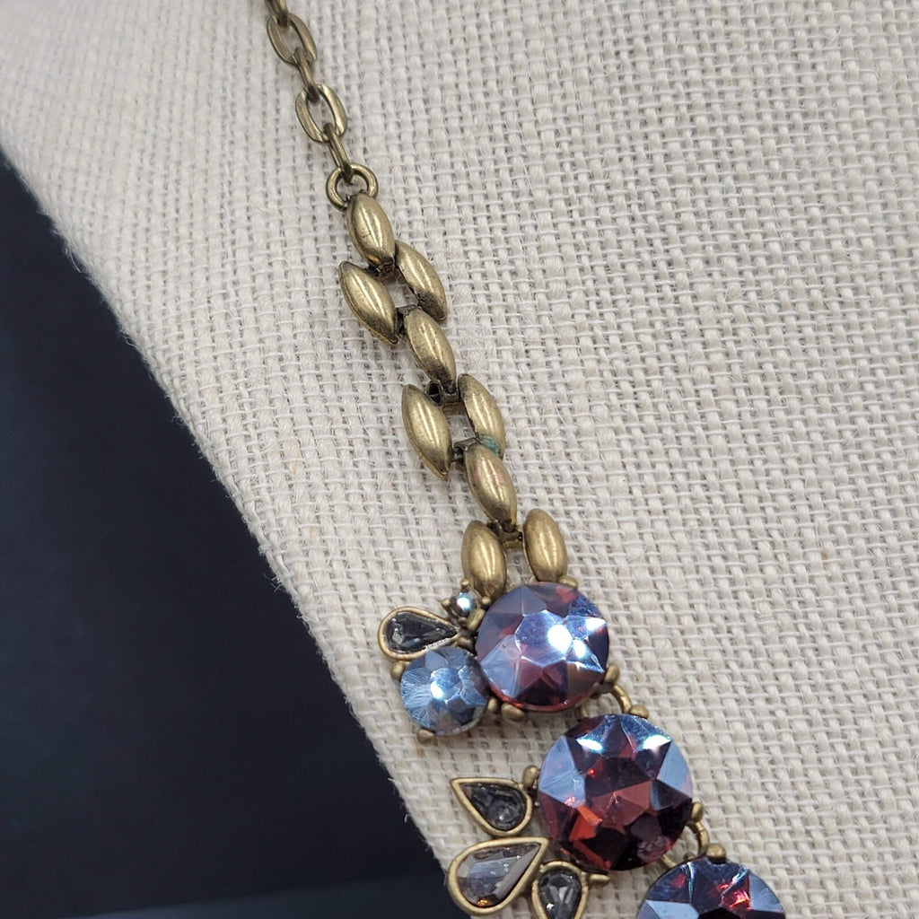 Purple Rhinestone Necklace Bronze tone Bid Statement Chain  20" - 22"