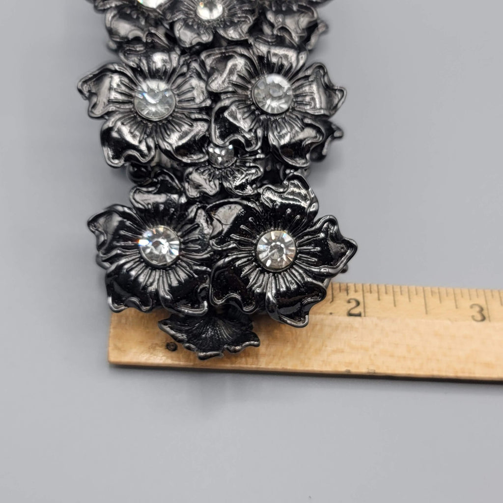 Birch Hill Bracelet Black Metal Flowers Clear Rhinestones Wide Elastic