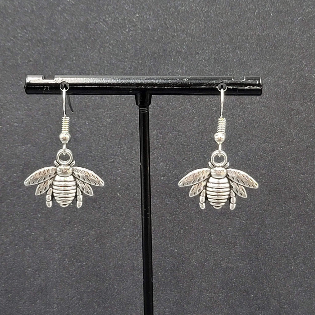 Bee Pierced Earrings Silver tone Dangle Embossed 5/8"
