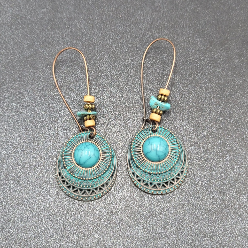 Boho Pierced Earrings Copper tone Faux Turquoise Dangle 2.25"