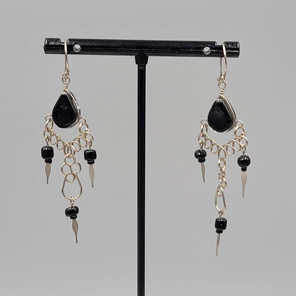 Vintage Black Glass Wire Wrap Pierced Earrings Silver tone Dangle 2"