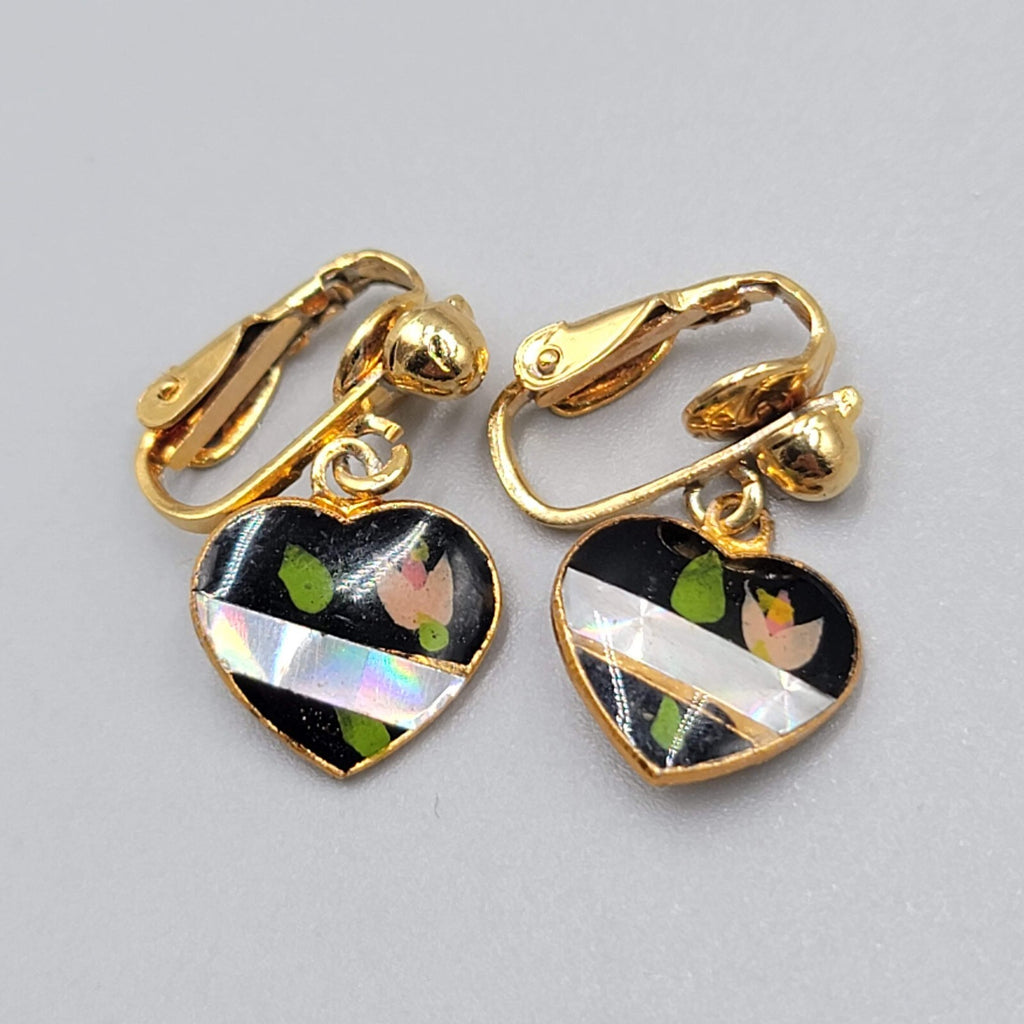 Vintage Black Heart Dangle Clip on Earrings Gold tone Flower 1/2"