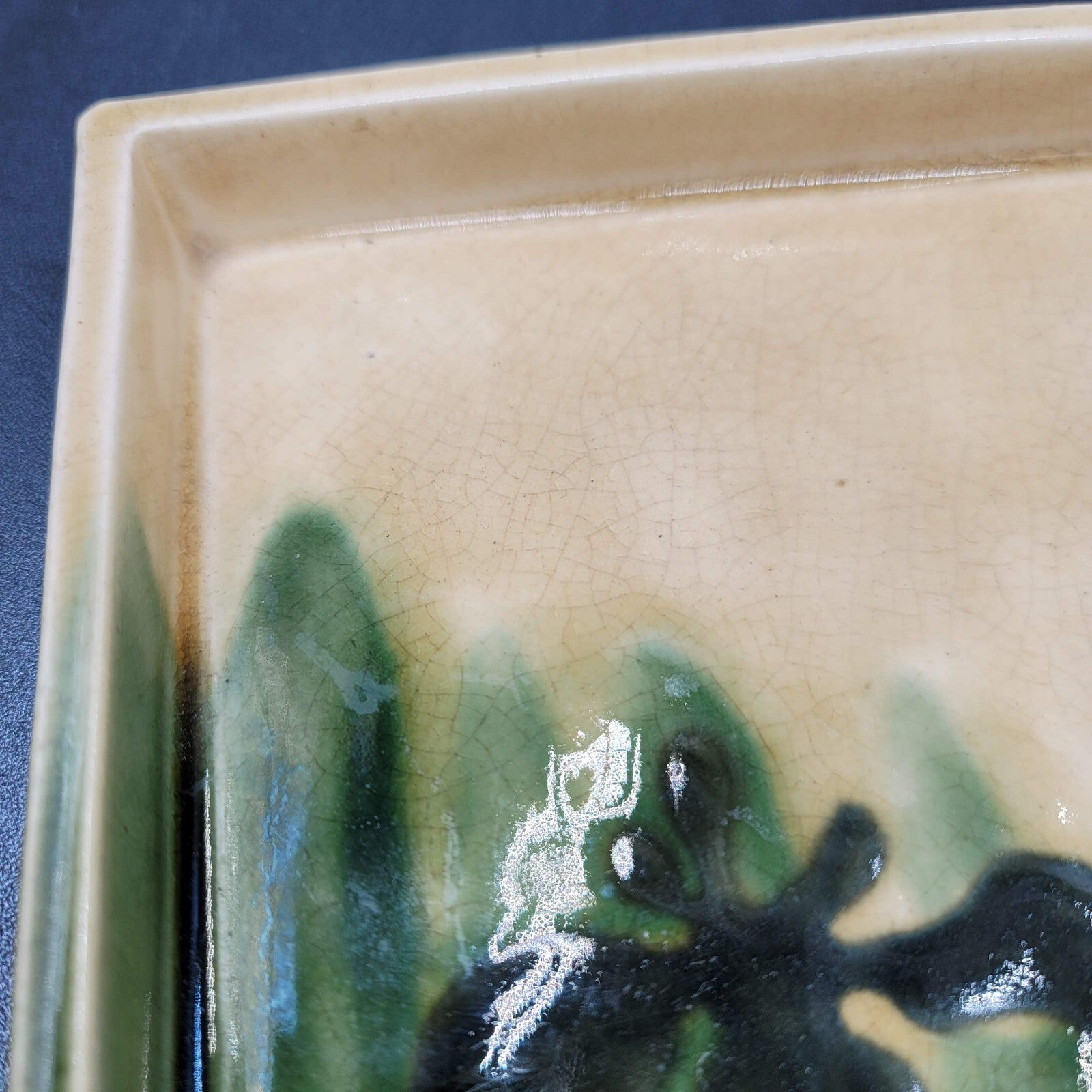 Art Pottery Plate Tray Square Asian Signed Green Yellow Crazing 7.5"x7.5"x0.75"