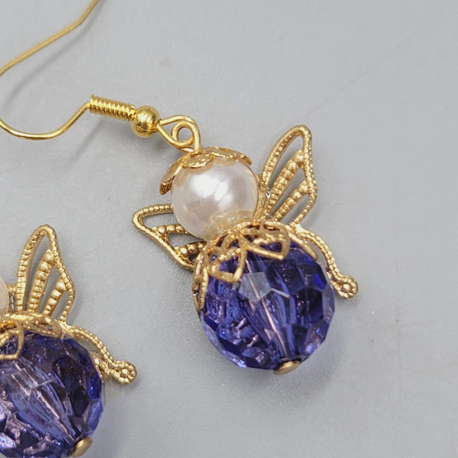 Vintage Angel Pierced Earrings Purple bead Gold tone Dangle  1"