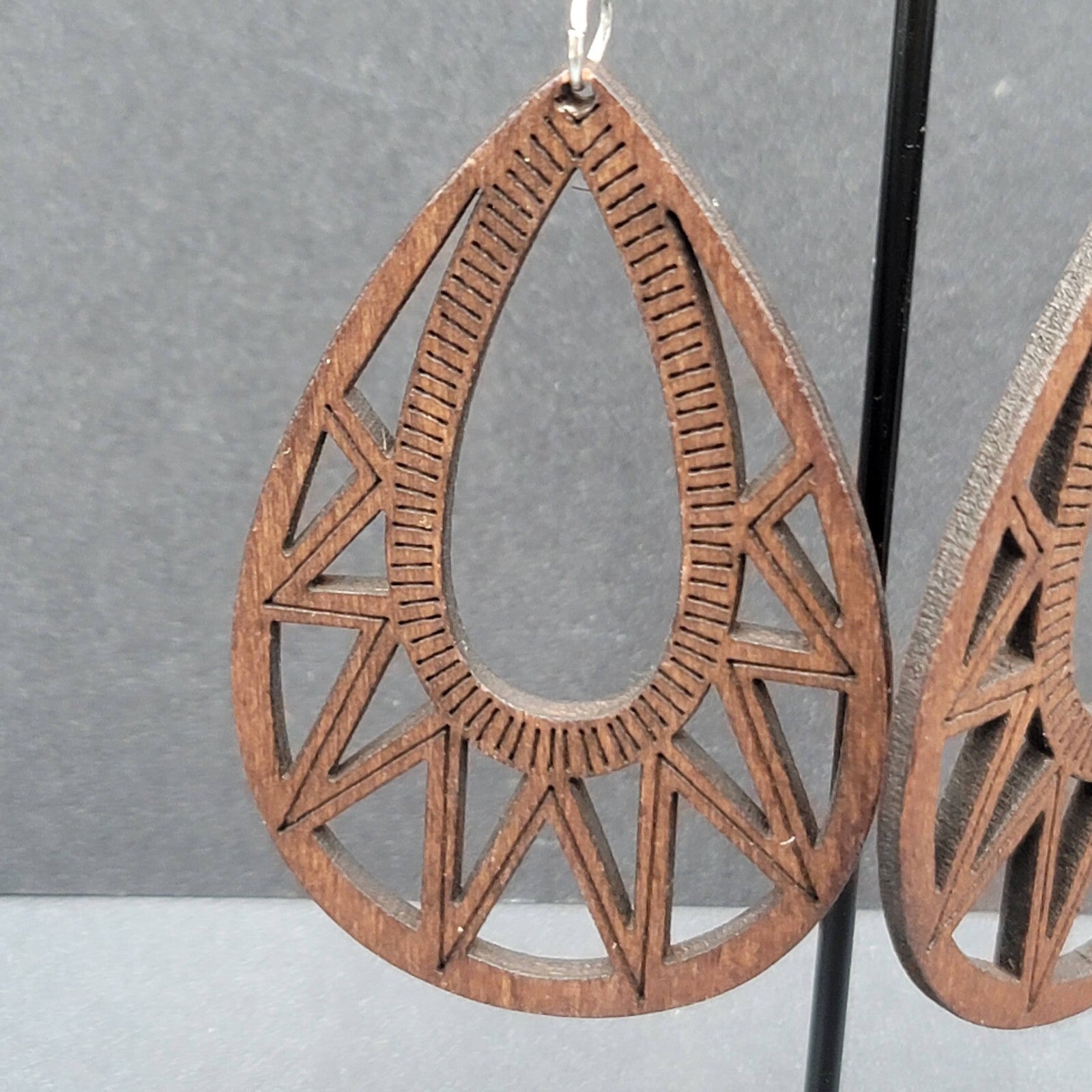 Boho Wood Pierced Earrings Laser Cut Open Teardrop 2.5"