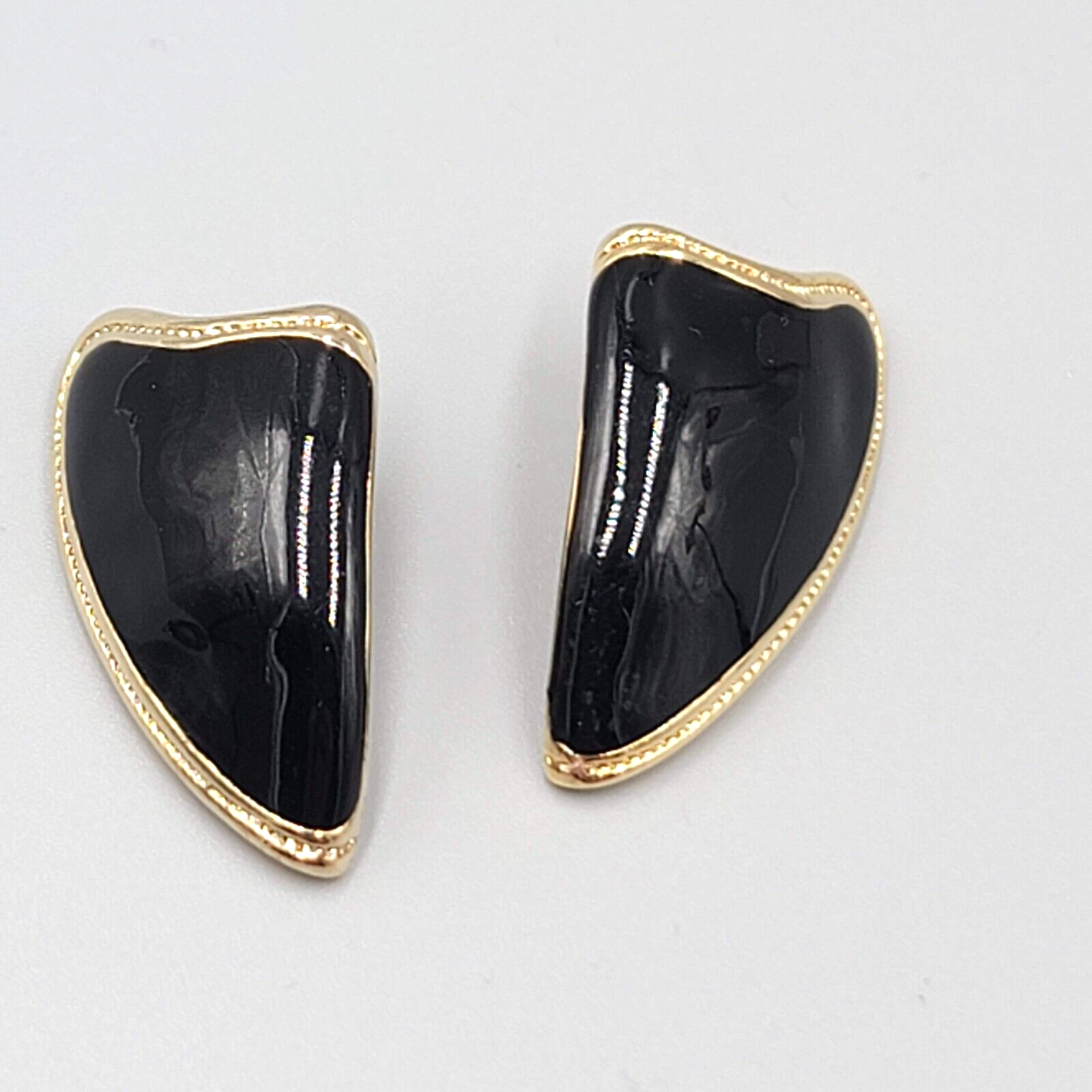 Vintage Pierced Earrings Gold tone Black Enamel Statement Drop 1.25"