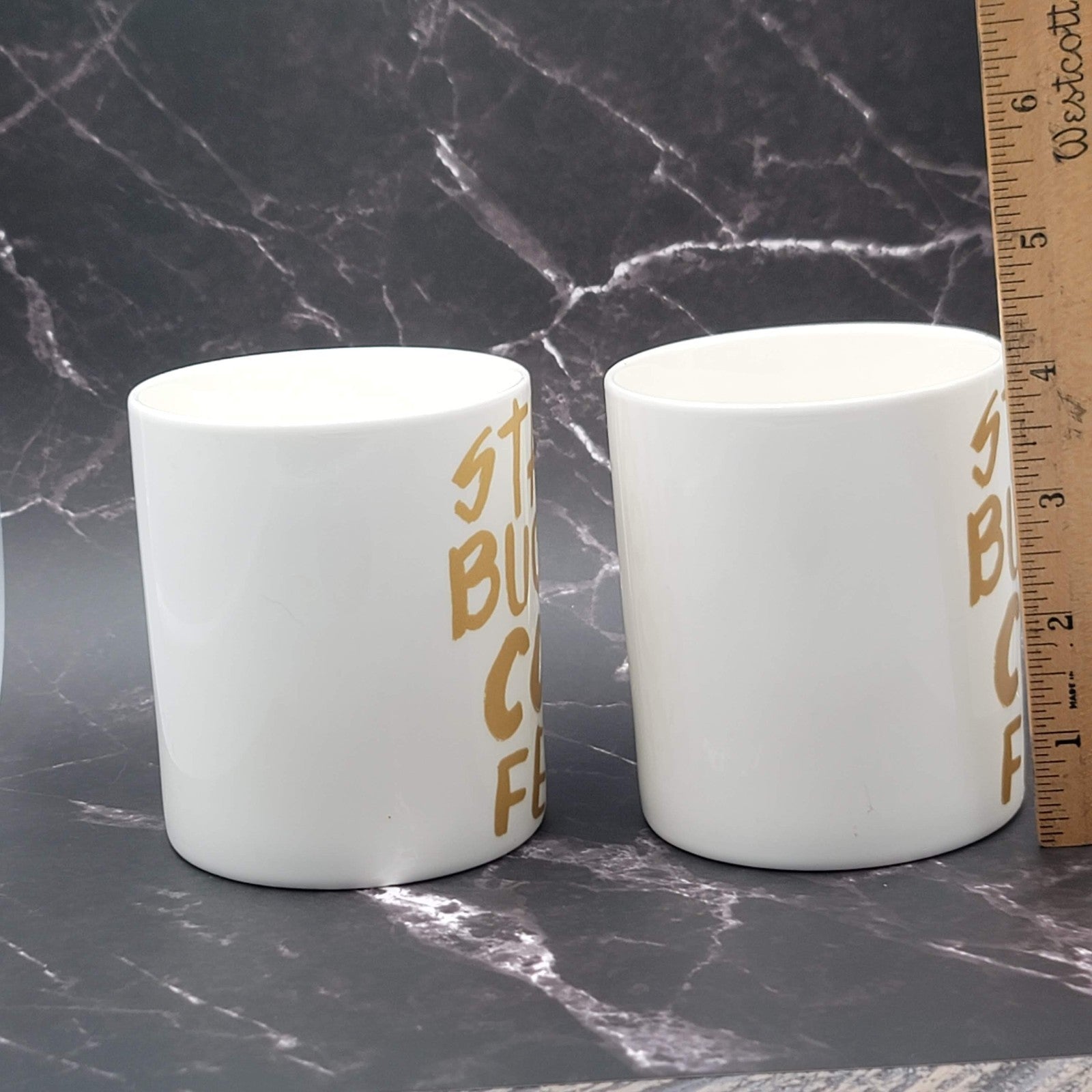 Set of 2 Starbucks Coffee Mug White Gold Lettering 2015
