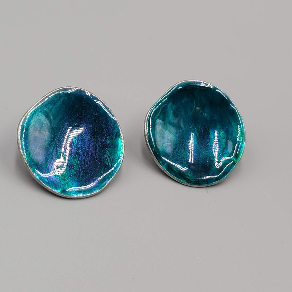 Chicos Pierced Earrings Round Blue Purple Enamel Disc 1"