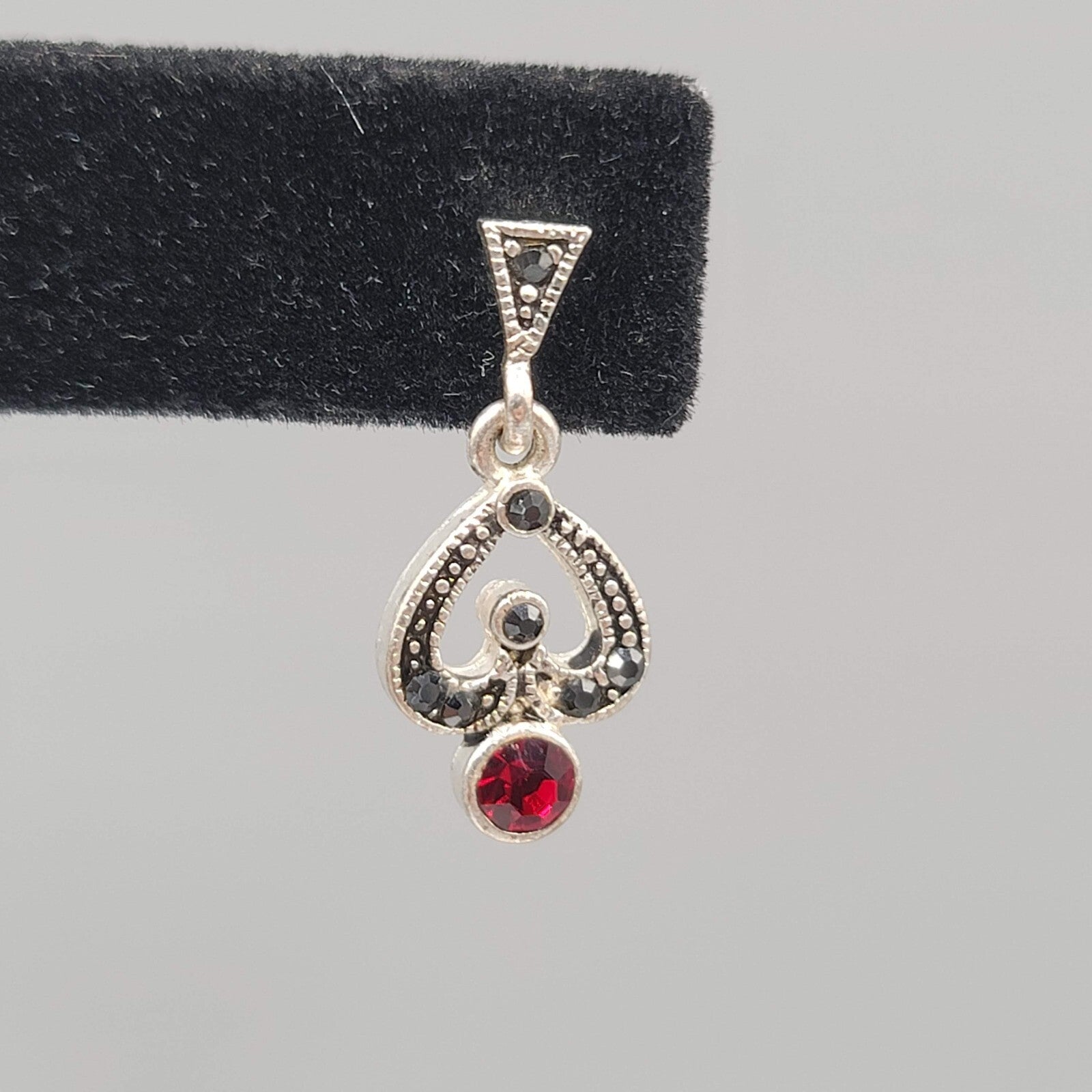 Pierced Earrings Silver tone Red and Black Rhinestone Dangle 1"