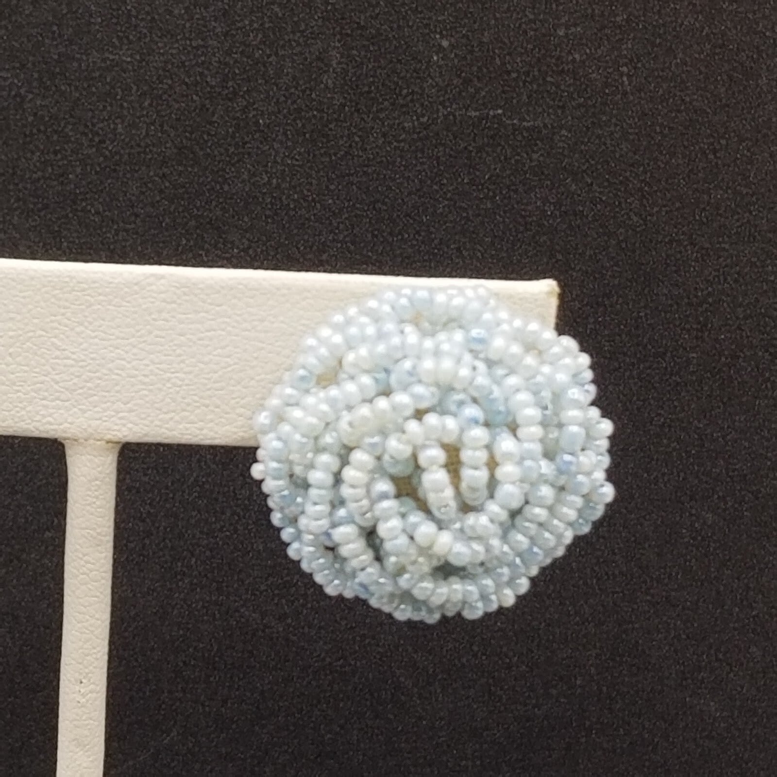 Vintage Clip On Light Blue Seed Bead Knot Button Stud 7/8"